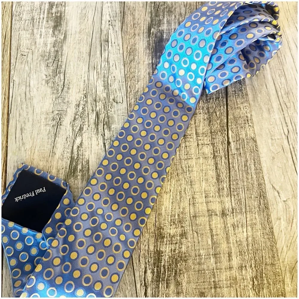 Paul Fredrick 100% Silk Tie Polka Dot Blue Yellow Abstract Artsy Business Preppy